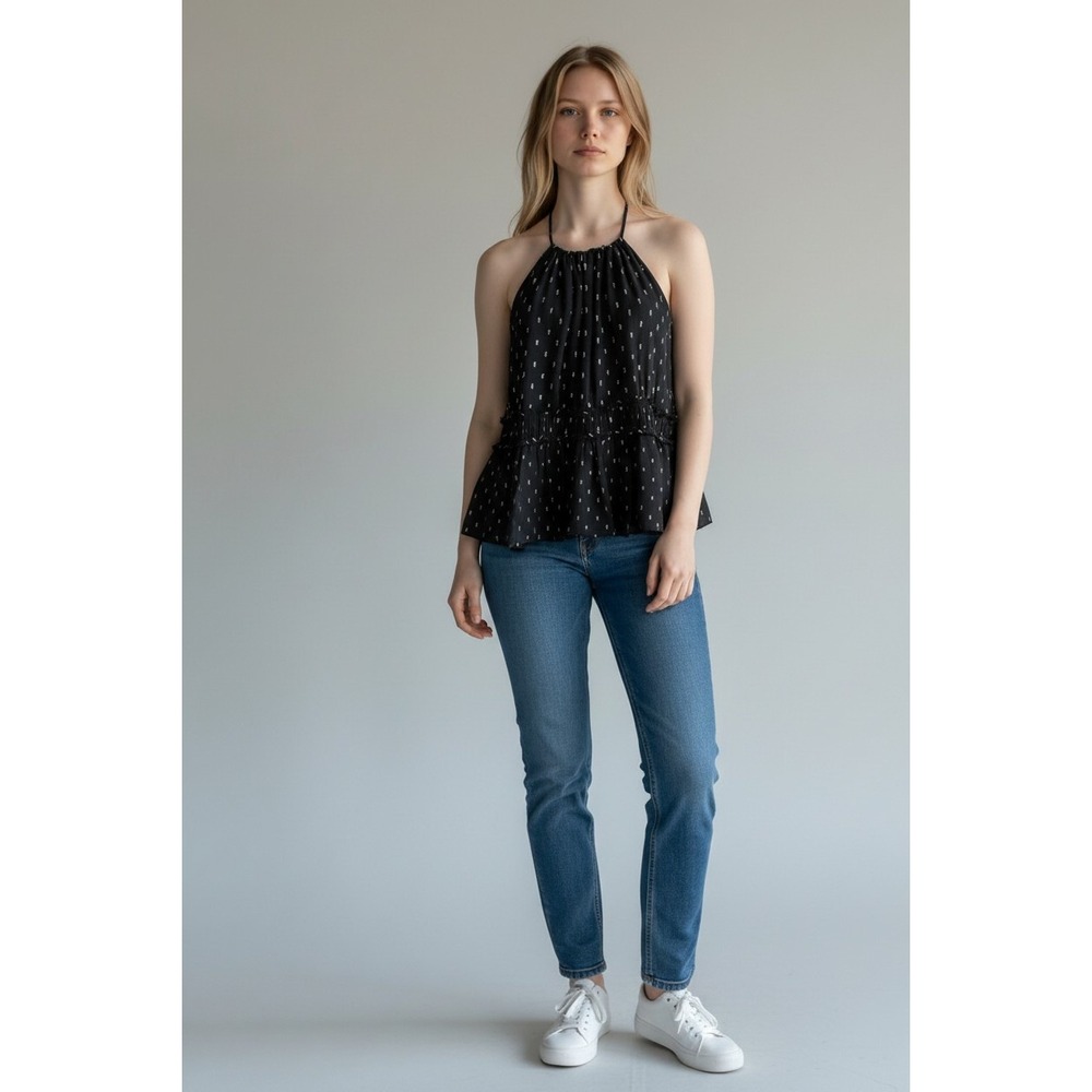 Joie Halter‎ Top Silk Blend Black Silver Metallic Clip Dot Peplum Small Evening